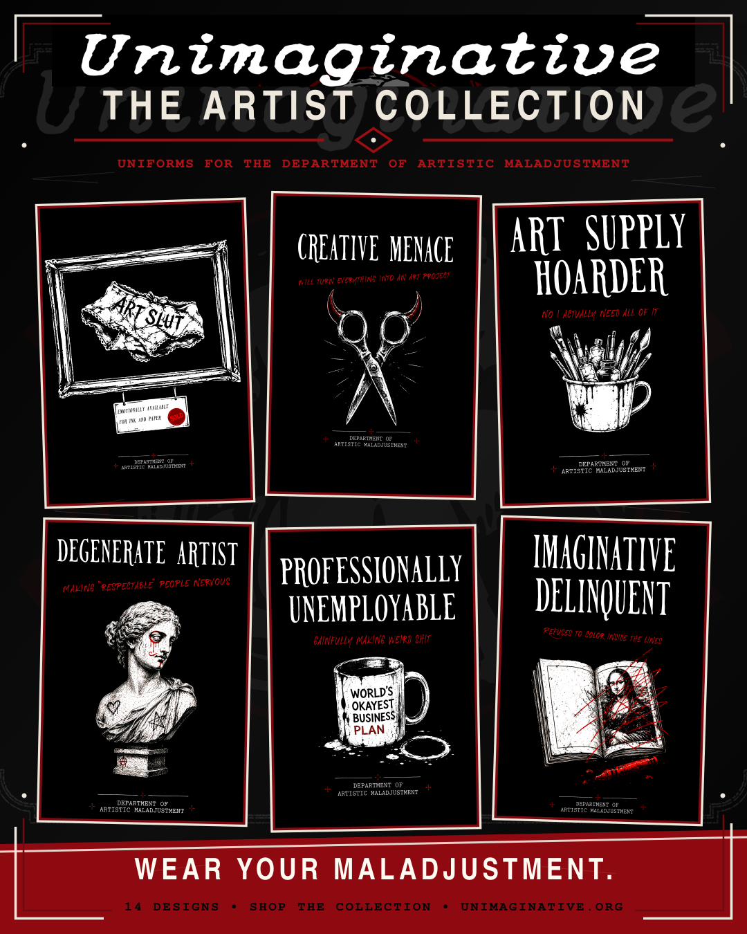 Approved Unimaginative Artist Collection campaign showing six departmental uniform designs